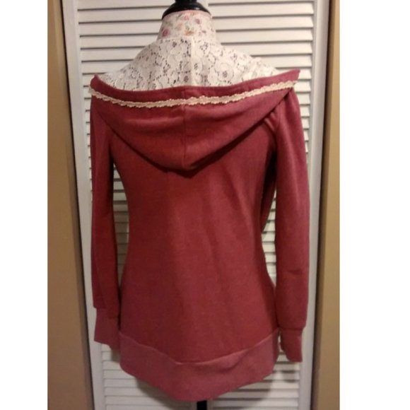 Modcloth Ruby Rose Lace Zip-Up Hoodie in Rose Red/Pink, Size S, Pre-Owned - Picture 3 of 6